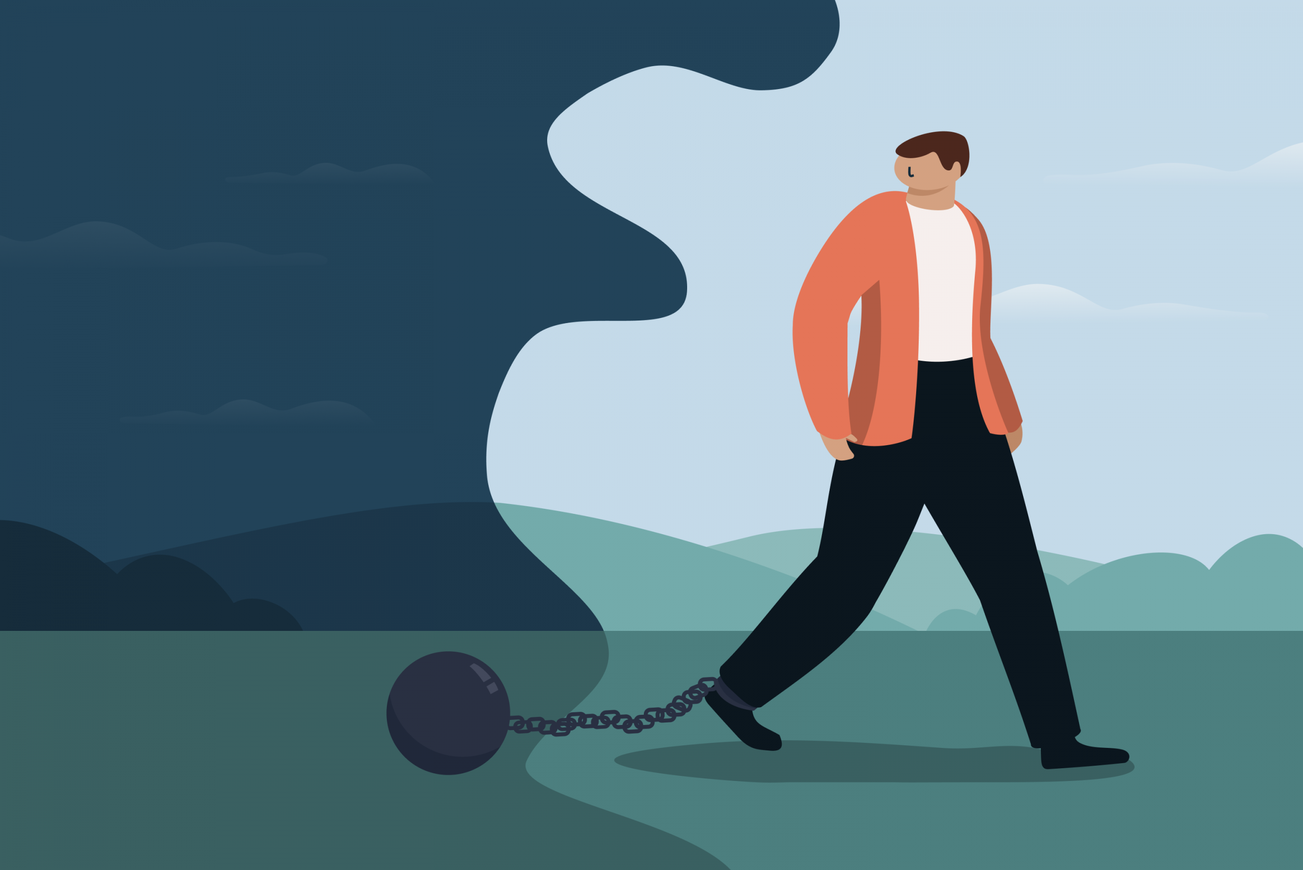 Illustration eines Mannes, der mit einer schweren Kugel am Fuß aus einer dunklen Umgebung in eine hellere Landschaft geht – symbolisch für den Weg aus der posttraumatischen Belastungsstörung (PTBS) hin zu einer besseren, psychischen Stabilität.